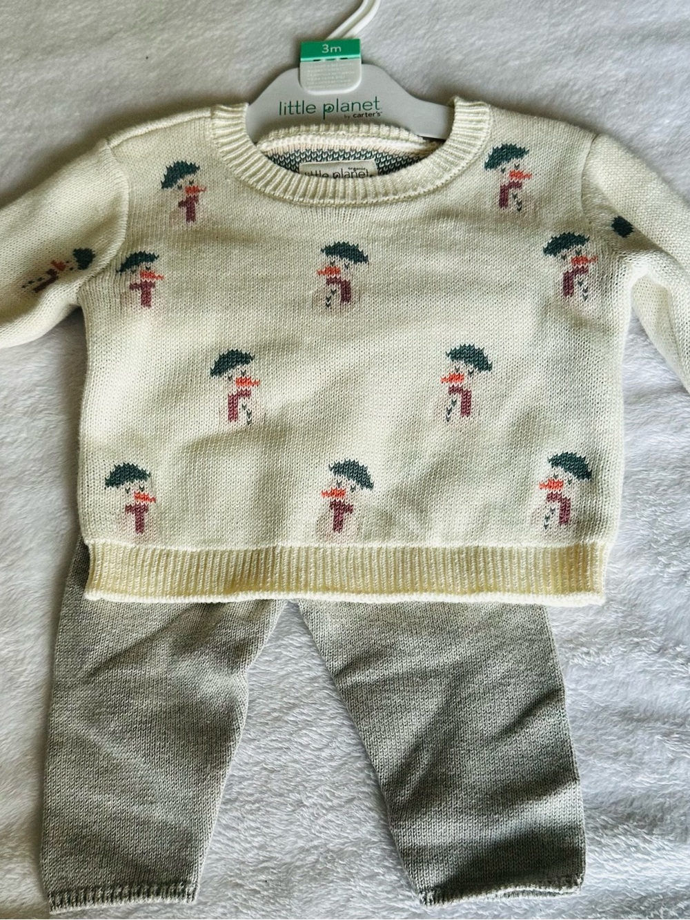 Little Planet Cream Sweater Set with Green Umbrella Motif - Kids